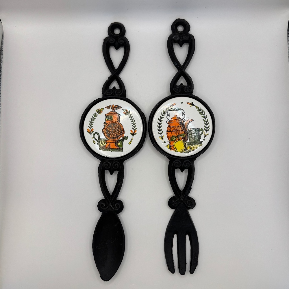 Vintage Cast Metal and Ceramic Tile Spoon and Fork Kitchen Decor. Coffee and Tea